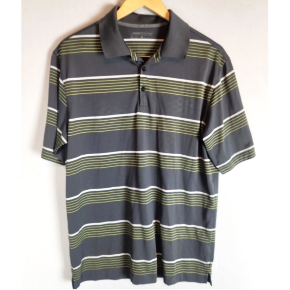 Nike Golf Dri-Fit Striped Polo Shirt Men's Size Medium Gray yellow Short Sleeve